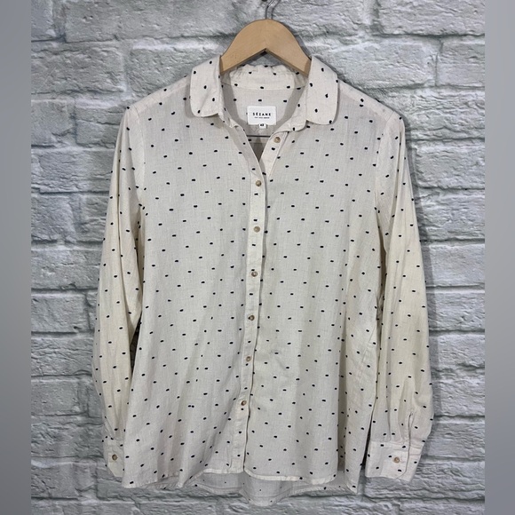 Sezane 42 US 10 Tomboy Shirt Ecru Blue Swiss Dot Cotton Linen ASO Meghan Markle - Picture 8 of 15